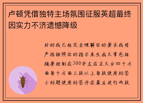 卢顿凭借独特主场氛围征服英超最终因实力不济遗憾降级